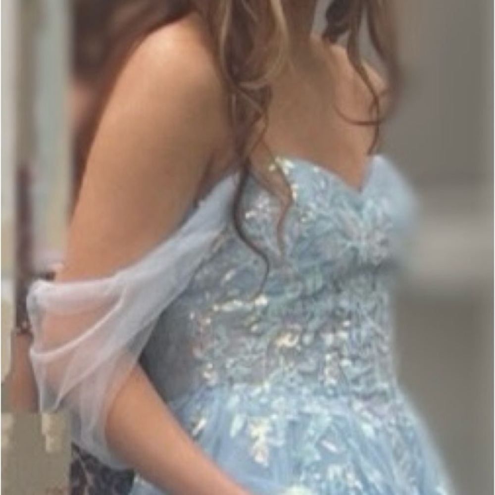 Glamorous light blue off the shoulder embroidered tulle formal dress - Picture 7 of 14